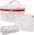 Cozomga Quilted Makeup Bag, Large Capacity Travel Cosmetic Bag for Women and Girls, Aesthetic Storage for Daily and Travel Use (3pcs-Cherry)