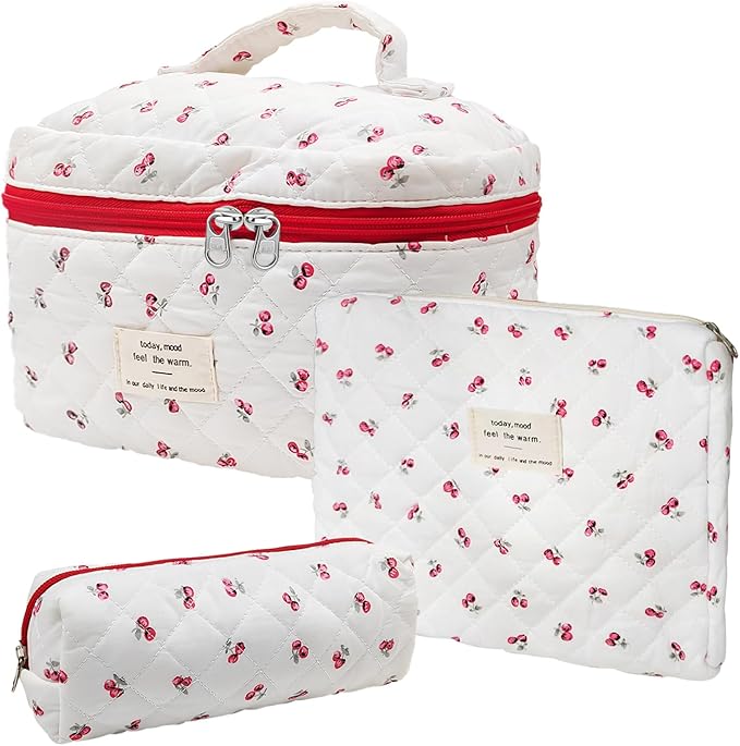 Cozomga Quilted Makeup Bag, Large Capacity Travel Cosmetic Bag for Women and Girls, Aesthetic Storage for Daily and Travel Use (3pcs-Cherry)