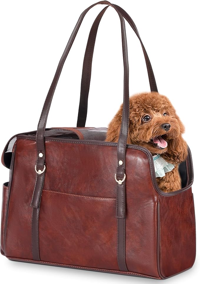 Lasaviin Dog Carrier Purse, Fashion Leather Pet Carrier with Pockets, Airline Approved Soft Sided Dog Carrying Bag for Puppy Cat Dog Coffee