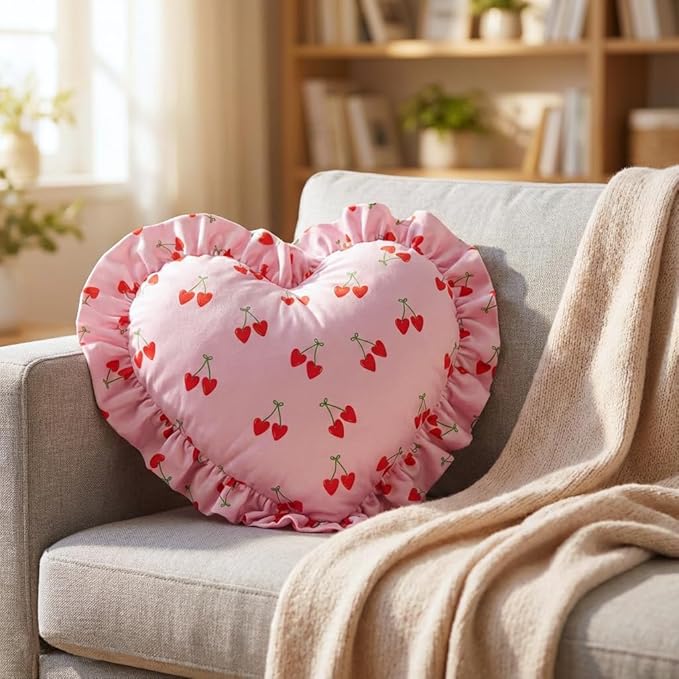 VigorSpring Valentines Pink Heart Shaped Pillow (15.7x15.7 Inches), Cute Cherry Print & Ruffled Edge Decorative Throw Pillow for Couch Bed Bedroom Living Room