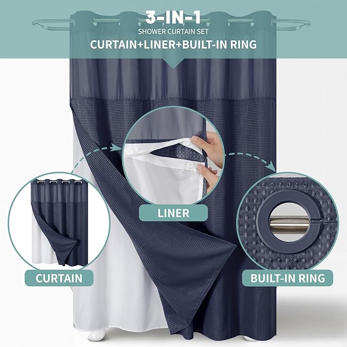 eachope Navy No Hook Waffle Weave Shower Curtain with snap-in Liner Replacement, 230GSM Waterproof Fabric Hotel Shower Curtain Set for Bathroom, Through Mesh Top Window,71Wx77H