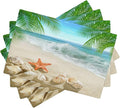 Starfish Beach Placemats, Leisure Summer Time Waves Tropical Palm Elm Sand Starfish Seashells Nautical Print Washable Fabric Placemats Table Kitchen Dining Party 12x18 Inch Set of 6