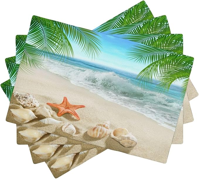 Starfish Beach Placemats, Leisure Summer Time Waves Tropical Palm Elm Sand Starfish Seashells Nautical Print Washable Fabric Placemats Table Kitchen Dining Party 12x18 Inch Set of 6