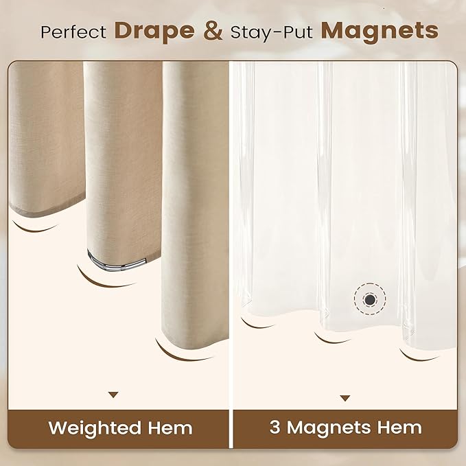 BTTN 3 in 1 Shower Curtain Set - 78 Inch Long Linen Textured Polyester Shower Curtain and Clear Liner Set with Plastic Hook, Long Modern Waterproof Shower Curtain for Bathroom, Cream/Beige, 72x78