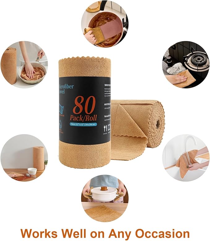 Tigona 80 Pack Microfiber Cleaning Cloth Roll,Lint Free Rags & Tear Away Reusable Towels Washable Scratch,Ultra Absorbent Dish Rags(12" x 12") for Car Kitchen Home Garage-Dark Coffee