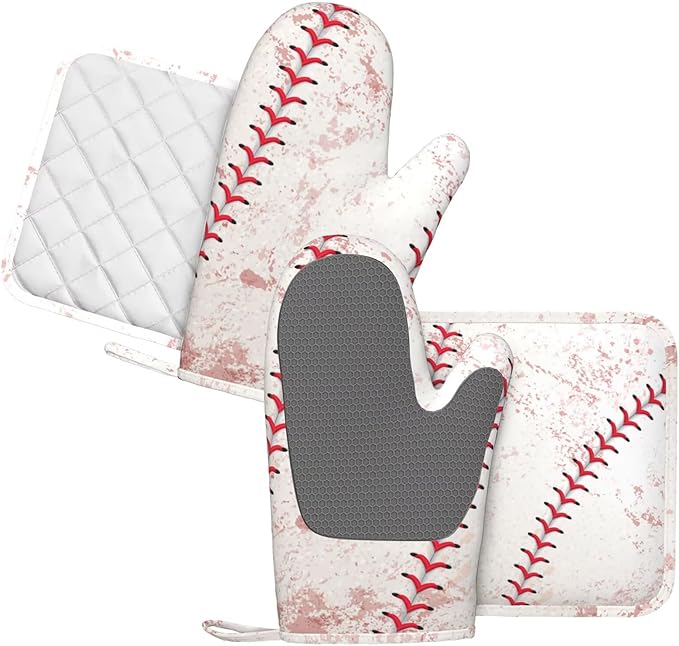 Sport Oven Mitts and Pot Holders Set of 4 Silicone Sports White and Red Baseball Laces Kitchen Mitten Gloves and Non-Slip Potholders Set Heat Resistant Oven Gloves Hot Holders for Kitchen