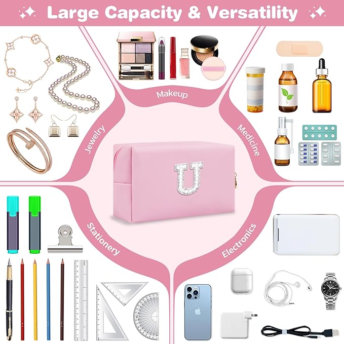 ChaoGreat Bride Gifts – Personalized Initial Makeup Bag with Pearl Rhinestone Patch, Preppy Pink Monogram Cosmetic/Toiletry Pouch, bridesmaid Gifts, Bridal Shower Gifts, Wedding Gifts, Bridal Gifts,U