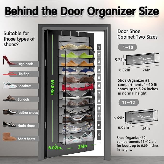 Kotkn Over The Door Shoe Organizer with 12 Large Breathable Pockets - Sturdy Hanging Storage for Shoes of All Ages - Gray