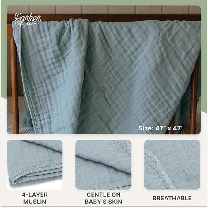 Parker Baby Muslin Blanket | 100% Soft Cotton Toddler Quilt & Baby Muslin Swaddle | Gender Neutral Design 47" x 47" Blanket