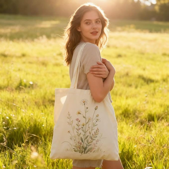 NOFKYNOXA Canvas Tote Bag for Women Girls - Reusable Cotton Tote with Magnetic Buckle & Zipper Inner Pocket | Canvas Tote Bag, Magnetic Buckle, Zipper Inner Pocket, 15.7" x 15.7"