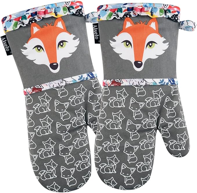 Oven Mitts, Heat Resistant Kitchen Mittens with Soft Quilted Cotton Lining Set of 2, Fashion Animal Design with Silicone Printing Anti-Slip Gloves for Baking Cooking Barbecue (Gray 2)