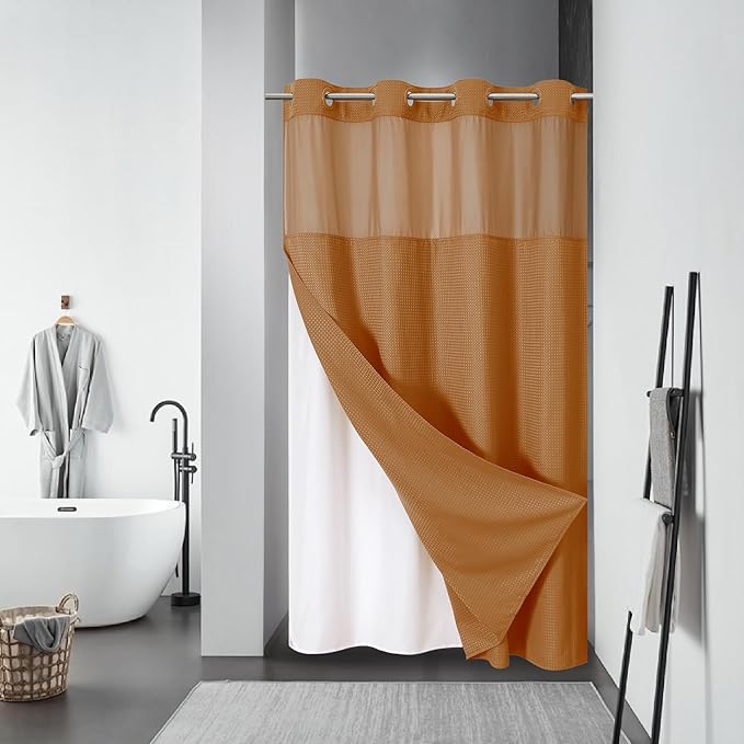 eachope BurntOrange No Hook Waffle Weave Shower Curtain with snap-in Liner Replacement, 230GSM Waterproof Fabric Hotel Shower Curtain Set for Bathroom, Through Mesh Top Window,54Wx80H