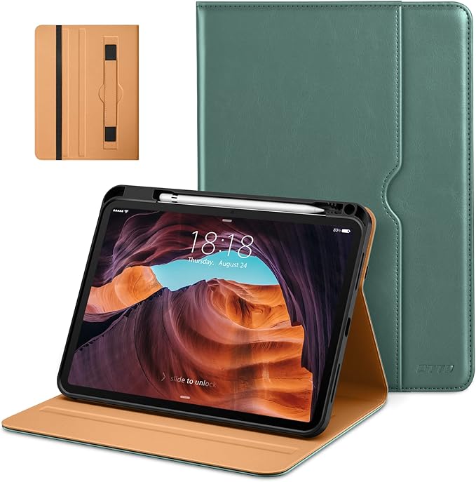 DTTO for iPad (A16) 11th Generation Case 11 Inch 2025, iPad 10th Generation Case 10.9 Inch 2022, Premium Leather Business Folio Stand Cover with Pencil Holder - Auto Wake/Sleep, Midnight Green