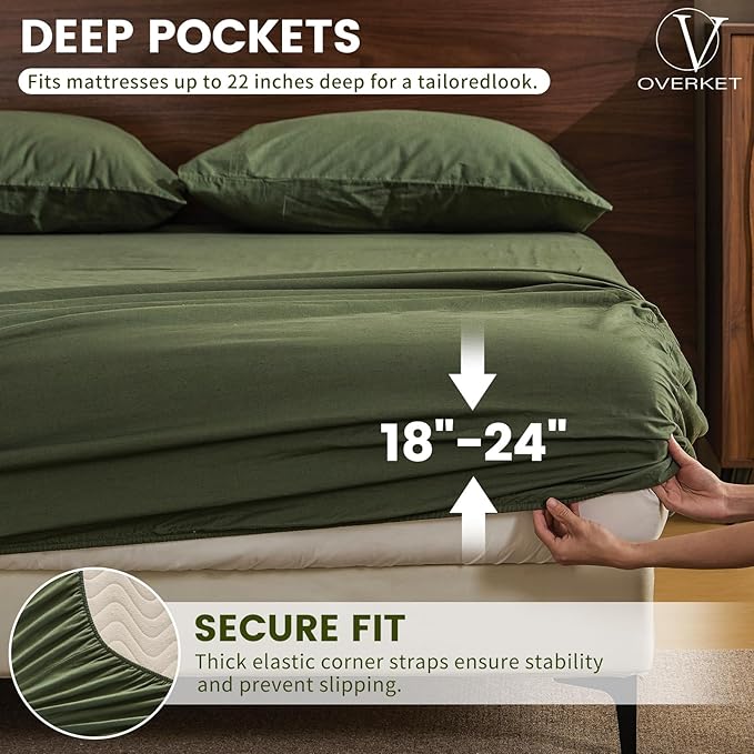 100% Linen Sheet Set Queen Size Extra Deep Pocket Fits 18-24 Inch Mattress, Breathable & Soft, Smooth 4-Piece Set for Thick Mattresses Hotel Luxury Bedding（Queen, Forest Green）