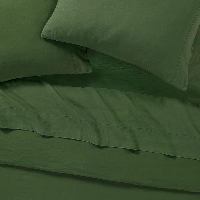 Sijo Stone Washed Organic French Linen Bed Sheet Set, GOTS Certified Organic, Best Cooling Linen Sheet Award by Sleep Foundation, 1 Flat Sheet Only (Forest, Full/Queen)