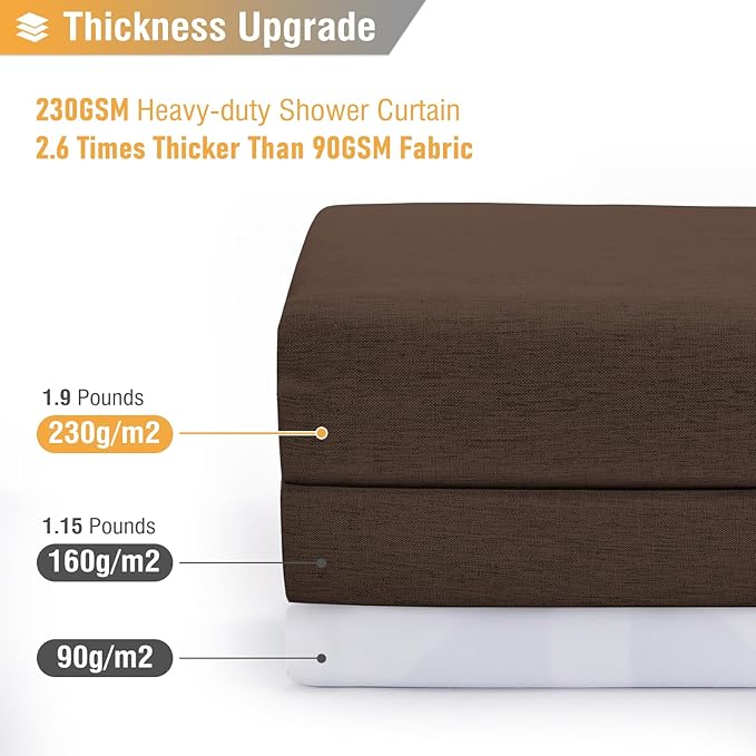 BTTN Fabric Shower Curtain, Linen Textured Heavy Duty Polyester Cloth Shower Curtain Set with Plastic Hooks, Brown, 72x84