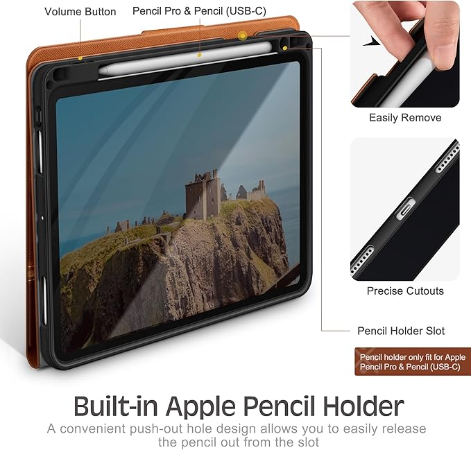 KingBlanc Case for iPad Pro 13-inch (M5 2025, M4 2024) with Built Pencil Holder, PU Leather Smart Stand Cover, Auto Sleep/Wake, Supports Pencil Pro/Pencil (USB-C), Multi-Viewing/Drawing Angles, Brown