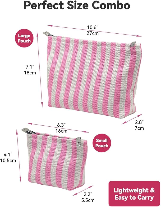 2 Pcs Makeup Bag Set, Women Gifts, Travel Cosmetic Bags, Canvas Make up Bag for Purse, Pink Striped Makeup Pouch with Zipper Lining, Cosmetic Storage Car Organizer, Portable Large & Small Toiletry