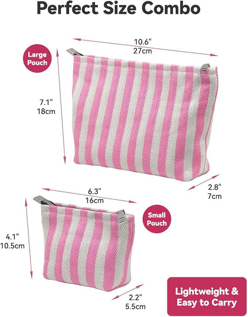 2 Pcs Makeup Bag Set, Women Gifts, Travel Cosmetic Bags, Canvas Make up Bag for Purse, Pink Striped Makeup Pouch with Zipper Lining, Cosmetic Storage Car Organizer, Portable Large & Small Toiletry