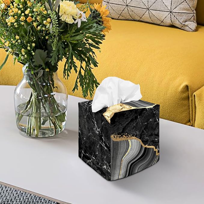 Tissue Box Cover Square Decorative Tissue Box Holder Cute Funny Cube Tissue Case Cover-Black Marble Tissue Box Cover