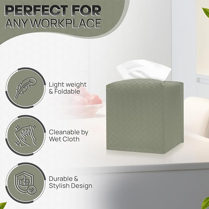 Tissue Box Cover Holder, PU Leather Tissue Box Cover with Braided Pattern, Square Tissue Holder with Bottom Belt, Modern Organizer for Bathroom, Car, Office,(Rock Gray Green, 12 Braided Patterns)