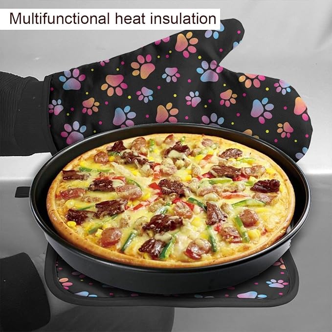 Dog Animal Paws Print Oven Mitts and Pot Holders Insulated Gloves & Kitchen Counter Safe Mats for Cooking BBQ Baking Grilling (2-Piece Set)