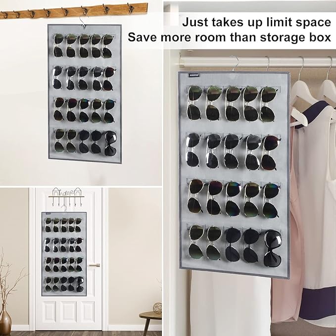 ANZORG Dual Sided Hanging Sunglasses Organizer Wall Mounted Glasses Rack Storage Eyeglasses Holder Eyewear Display Case with 40 Slots (40 Slots-Grey)