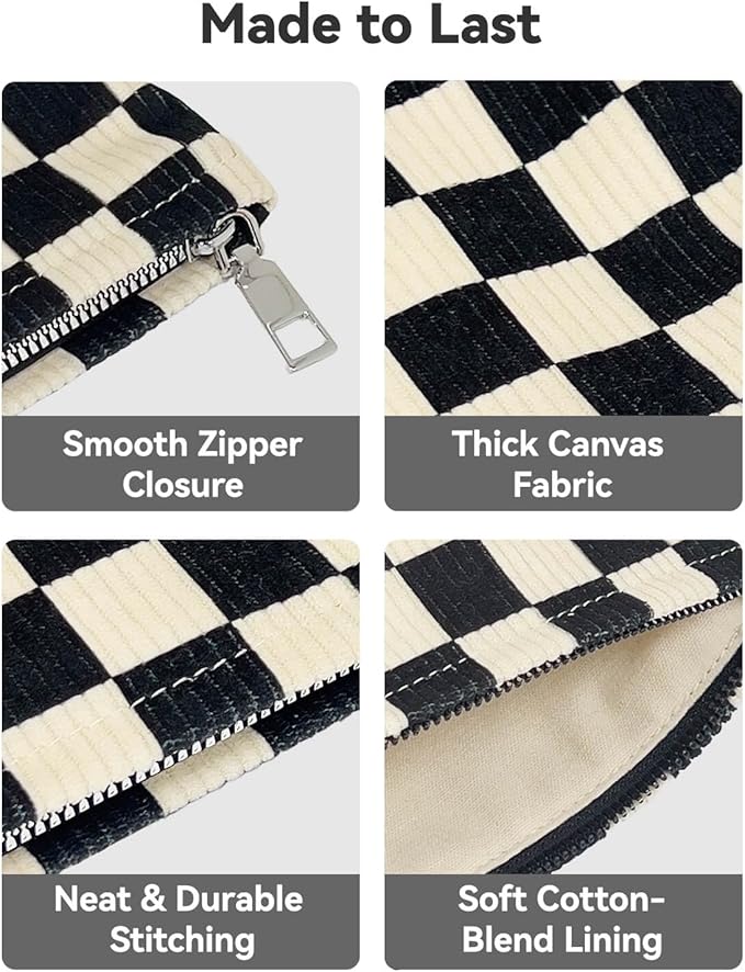 fahombag 2 Pcs Checkered Makeup Bag Set Corduroy Cosmetic Pouch for Women Large & Small Cute Preppy Aesthetic Black And White Travel Toiletry Pouch Organizer for Purse Skincare Brushes