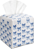 Blue Bow Tissue Box Cover Square, Leather Tissue Holder with Bottom Belt, for Nightstands Desks Office Bathroom Car Vanity Home Decor Supplies -014