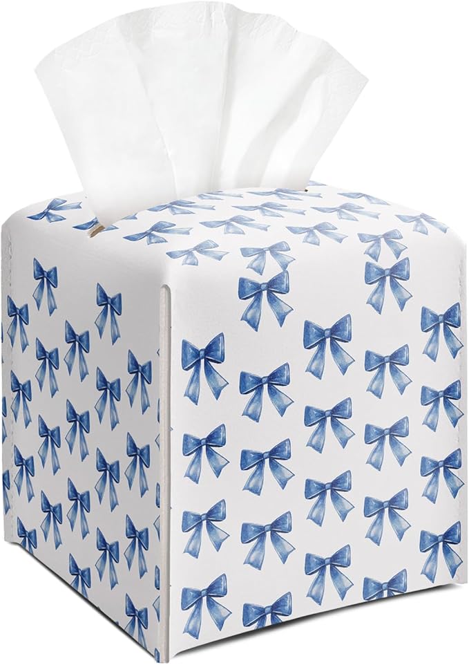 Blue Bow Tissue Box Cover Square, Leather Tissue Holder with Bottom Belt, for Nightstands Desks Office Bathroom Car Vanity Home Decor Supplies -014
