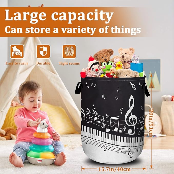 Piano Music Note Laundry Basket with Sturdy Handles, Collapsible Oxford Cloth Laundry Hamper Organizer Basket for Bathroom Bedroom 15.7x20 Inch