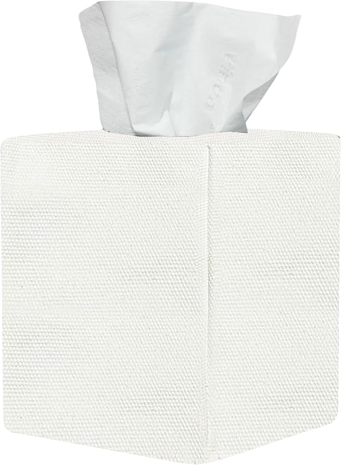 Tissue Box Cover, Cute White Linen Fabric Decorative Square Tissue Box Holder/Organizer for Bathroom Vanity Countertop/Office/Nightstand/Desk