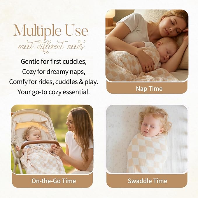 HardNok Ultra-Soft Checkered Muslin Baby Blanket - Swaddle & Crib, 43x43 (Cream)