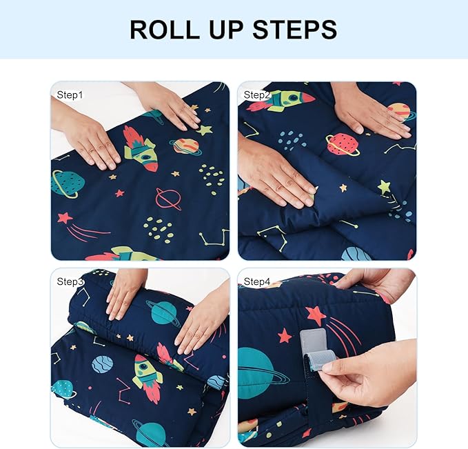 david's kids Toddler Nap Mat Set with Removable Pillow, Ultra Soft Slumber Bags for Boys Girls，Perfect for Preschool, Daycare, Kids Sleeping Bags with Rollup Design, 50"x20", Space & Star