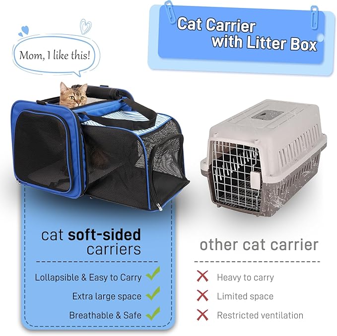Cat Carrier with Litter Box, Expandable Cat Travel Carrier for Car with Bowl, Collapsible Pet Carrier for Car Travel with Lockable Zippers, Soft Sided Pet Carrier for Cats/Puppies up to 20 lbs, Blue