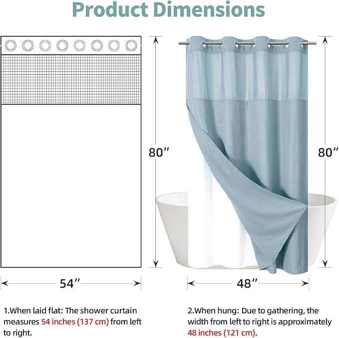 eachope Teal No Hook Waffle Weave Shower Curtain with snap-in Liner Replacement, 230GSM Waterproof Fabric Hotel Shower Curtain Set for Bathroom, Through Mesh Top Window,54Wx80H