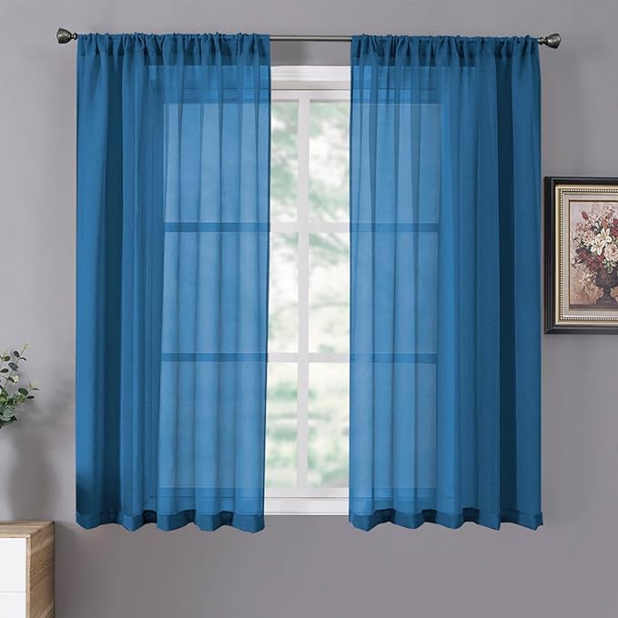 Tollpiz Sheer Curtains Linen Textured Bedroom Curtain Sheers Light Filtering Rod Pocket Voile Curtains for Living Room, 54 x 63 inches Long, Classic Blue, Set of 2 Panels