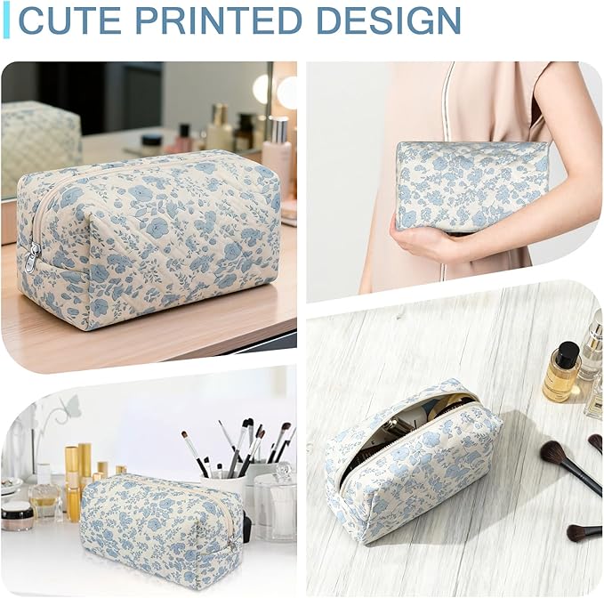 Gosect Floral Makeup Bag, Cute Cosmetic Bag for Women Girls, Quilted Cotton Make up Pouch, Travel Makeup Bags, Portable Storage Toiletry Organizer Bag(Blue Floral)