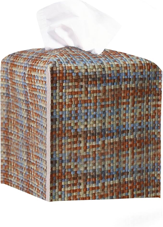 PU Leather Tissue Box Cover with Bottom Belt - Modern Square Tissue Box Holder with Wide Opening - Blue White Camel, Woven Patterns