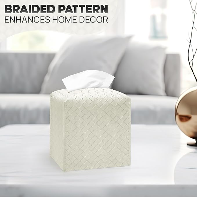 Tissue Box Cover Holder, PU Leather Tissue Box Cover with Braided Pattern, Square Tissue Holder with Bottom Belt, Modern Organizer for Bathroom, Car, Office, Tabletop (White., 12 Braided Patterns)
