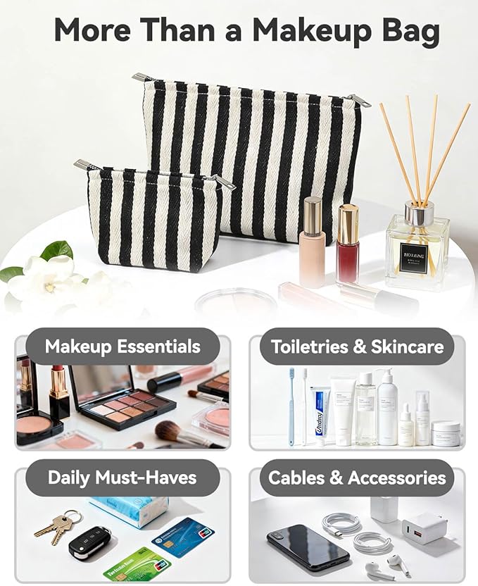 2 Pcs Makeup Bag Set for Women, Travel Cosmetic Bags, Canvas Make up Bag for Purse, Black White Striped Makeup Pouch with Zipper Lining, Cosmetic Storage Car Bag, Portable Large & Small Toiletry