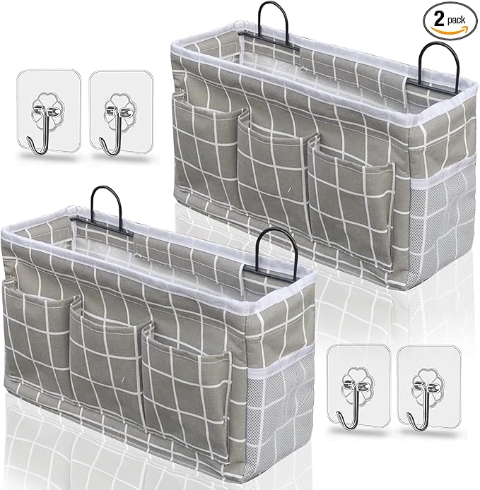 Kanrichu 2pcs Light-Style Wall Hanging Storage Bag, Linen Fabric Door Hanging Organizer Baskets with Pockets, Waterproof Bin for Bedroom, Kitchen, Office, RV Camper (GreyGrid-2pcs)