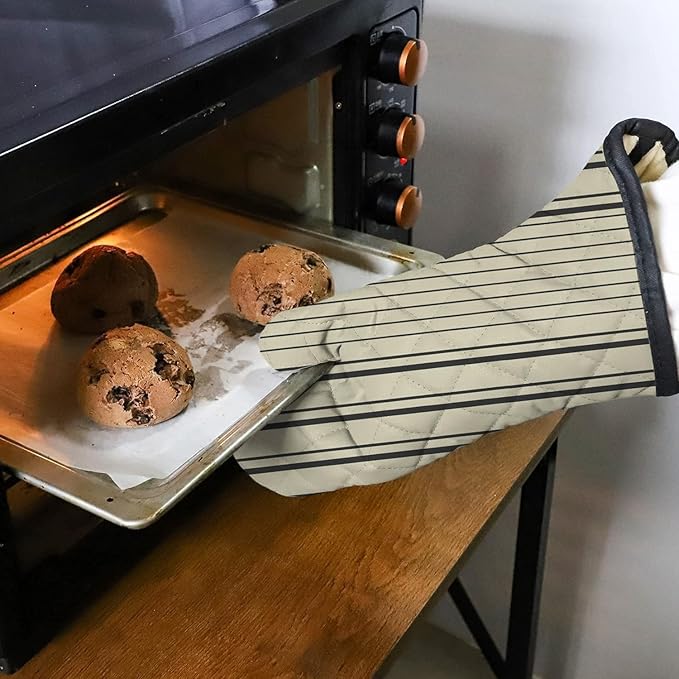 Oven Mitts (Set of 2) | Heat Resistant Oven Gloves Kitchen,Safe for Baking, BBQ, Grilling | Cooking Gloves | Soft & Durable | Machine Washable (Black Stripe Print)