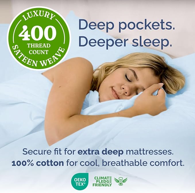 Extra Deep Pockets 400 Thread Count 100% Cotton 3 Piece Twin Size Bedding Sheet Set - Breathable & Cooling - Hotel Luxury Bed Sheets Set - Soft, Wrinkle Free And Comfy Light Blue Bedding Sheets Set