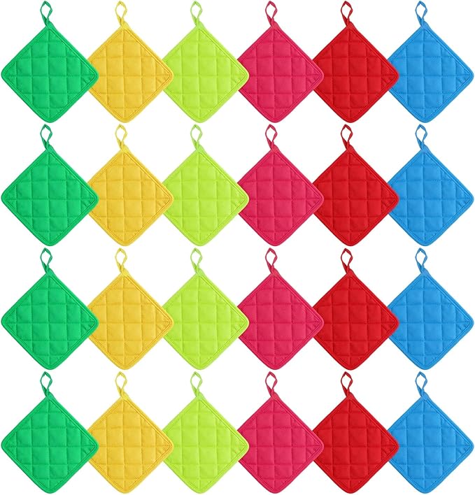 24 Pcs Pot Holders for Kitchen, 7 Inch Multicolor Cotton Pot Holders Square Hot Pads Heat Resistant Potholder with Hanging Loops for Cooking, Baking,Pots, Plates, Kitchen Decor, Gifts