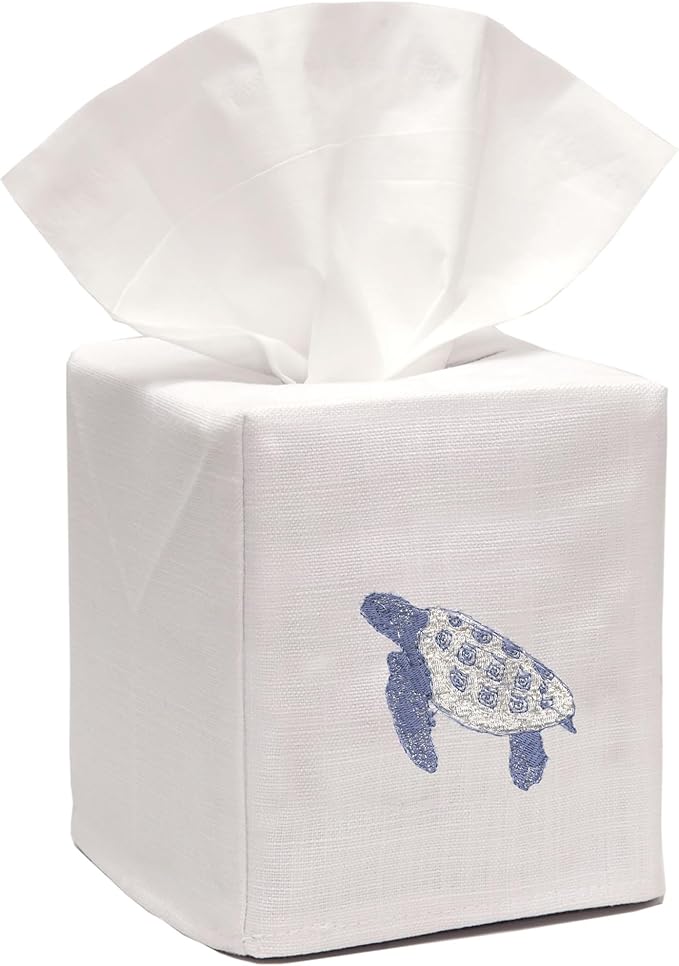 Jacaranda Living Square Tissue Box Cover, Linen/Cotton Fabric Tissue Holder, Decorative Cloth Tissue Cube Cover, Coastal Designs Sea Turtle (Blue)