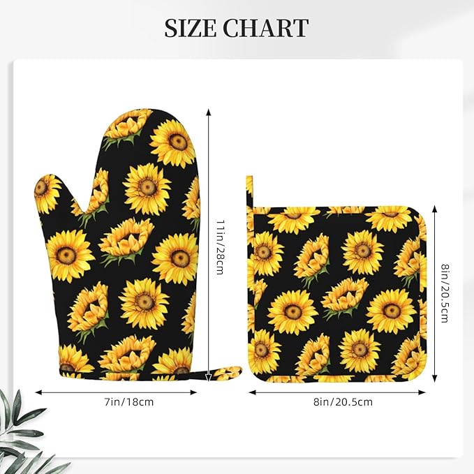 Sunflower Oven Mitts and Pot Holders Sets, Home Silicone Heat Resistant BBQ Gloves for Kitchen Baking Cooking Grilling Microwave