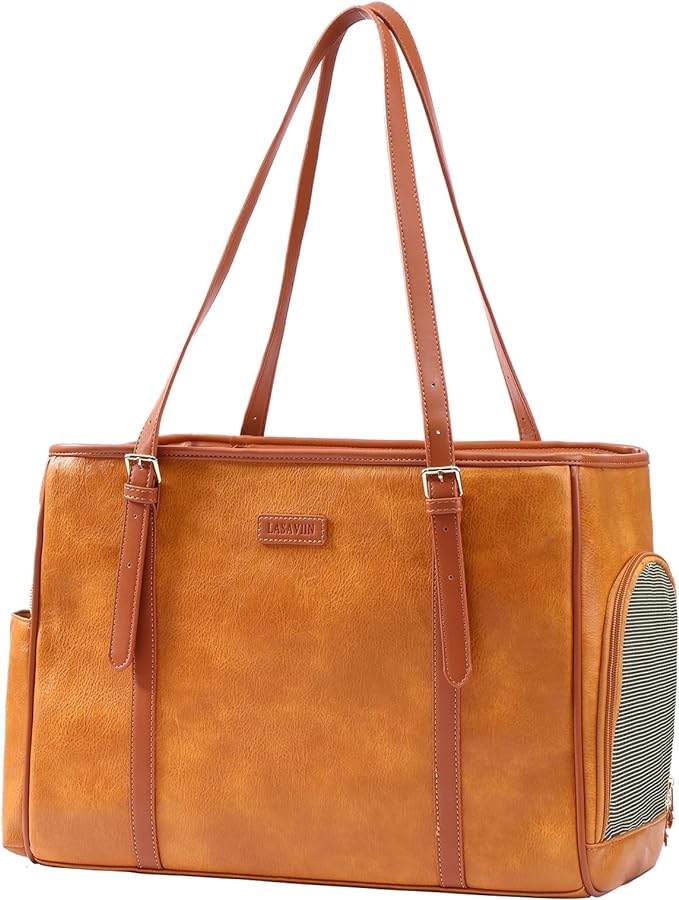 Lasaviin Fashion Dog Purse Pet Carrier Leather Bag for Small Dogs Cats Puppy, Portable Tote Bag Airline Approved Soft-Sided Carriers (Brown)