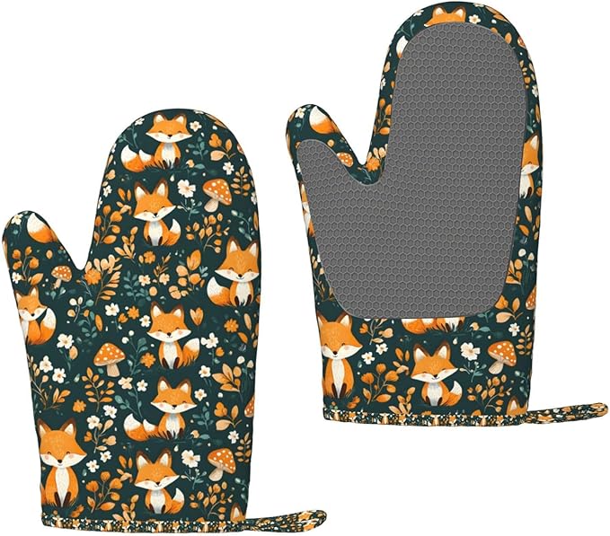Oven Mitts 2 Pack, Silicone Kitchen Gloves, Heat Resistant with Non-Slip Grip and Soft Quilted Cotton Lining for Cooking Barbecue Backing (Fox)