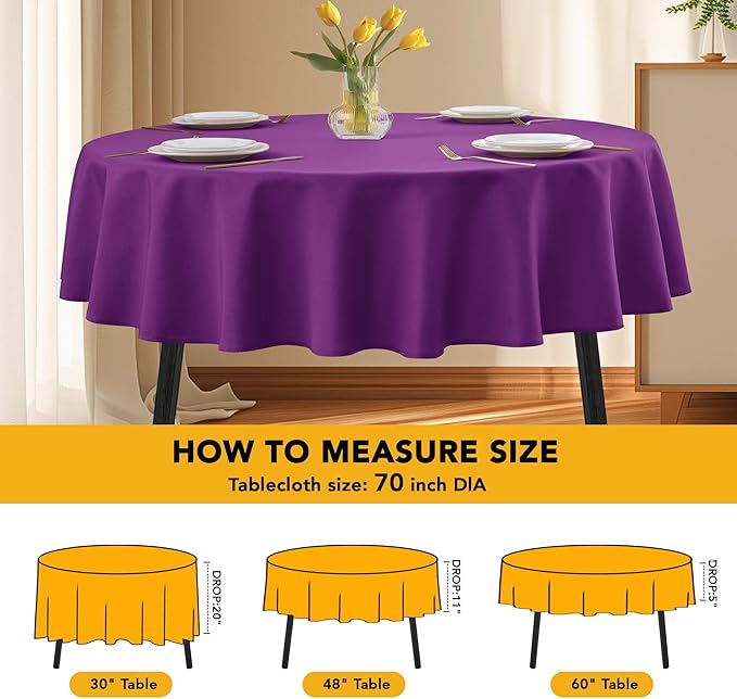 10-Pack Purple Round Tablecloths, 70 Inches, Stain-Resistant Polyester for 3-4 Ft Round Tables - Washable Table Covers for Weddings, Banquets, Birthday Parties, Events